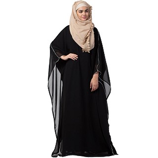 Double layered kaftan abaya with piping at border- Black